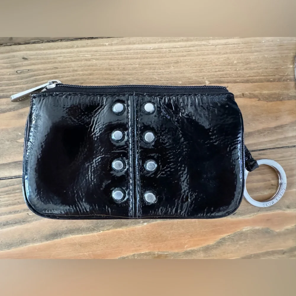 Michael Kors‎ Black Patent Leather Studded Coin Purse Key Ring Pouch